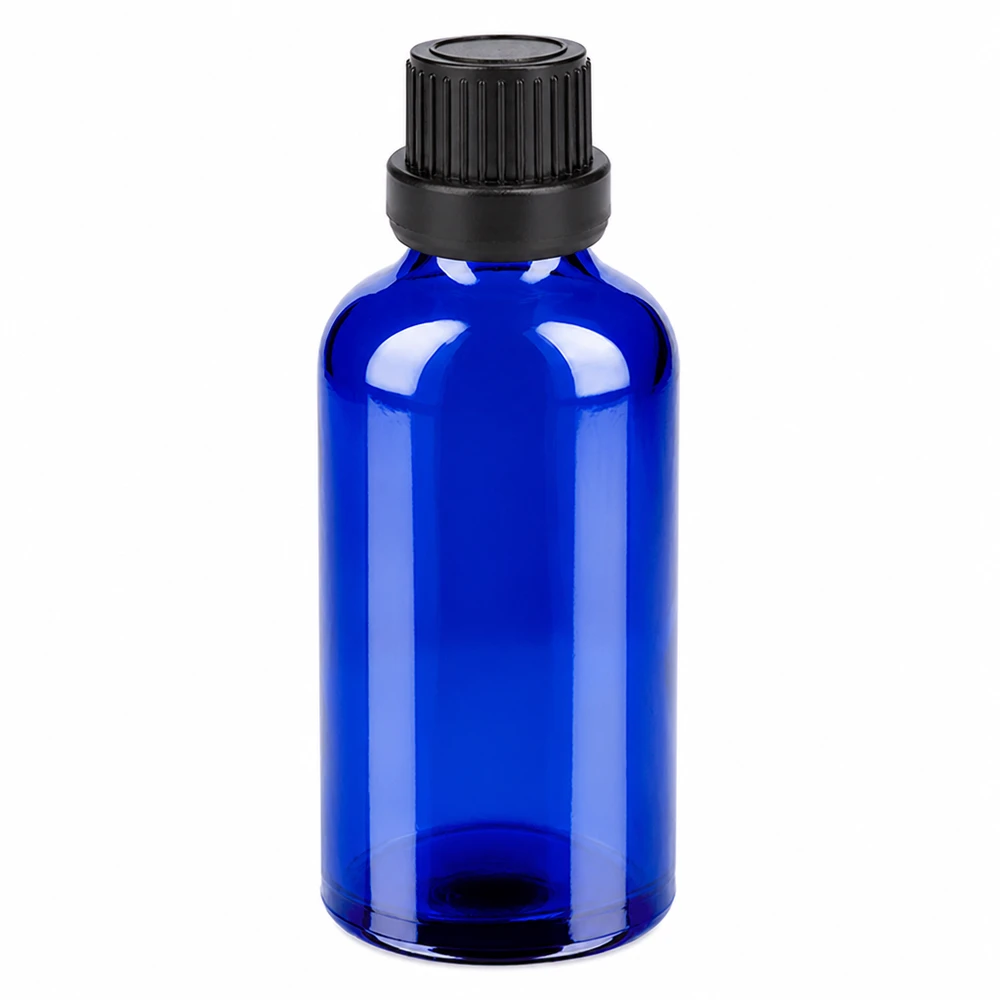 Botella 50ml tapón rosca 11mm negro cierre inviolable BlueLine UT18/50 Frasco de cristal azul de 50 ml con tapón de rosca negro para aceites esenciales y cosméticos