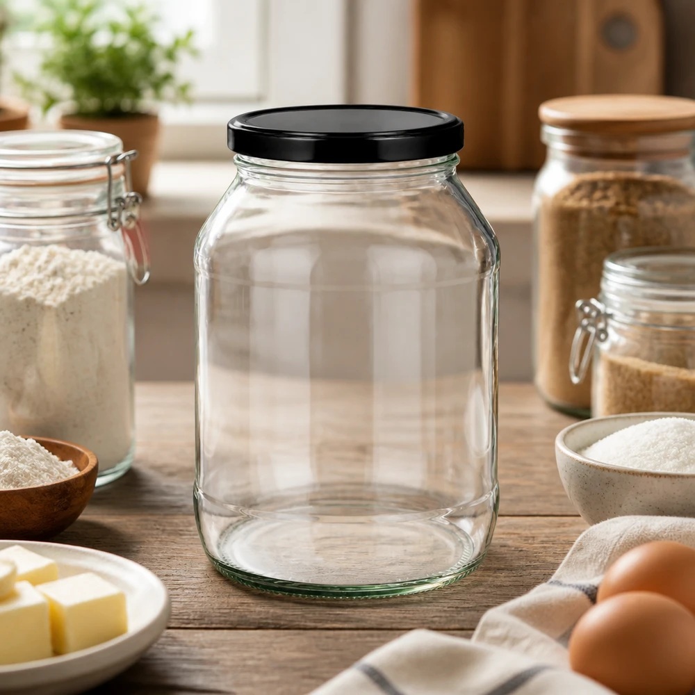 Tarro redondo de 2650 ml con tapa BasicSeal negra UNiTWIST Tarro redondo de 2650 ml con tapa negra BasicSeal en el entorno de la cocina entre los tarros de almacenamiento y los ingredientes para hornear