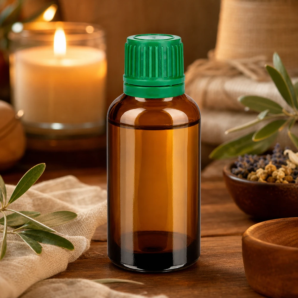 Frasco de vidrio de 30 ml protegido de la luz con tapón verde a prueba de niños para aplicaciones farmacéuticas