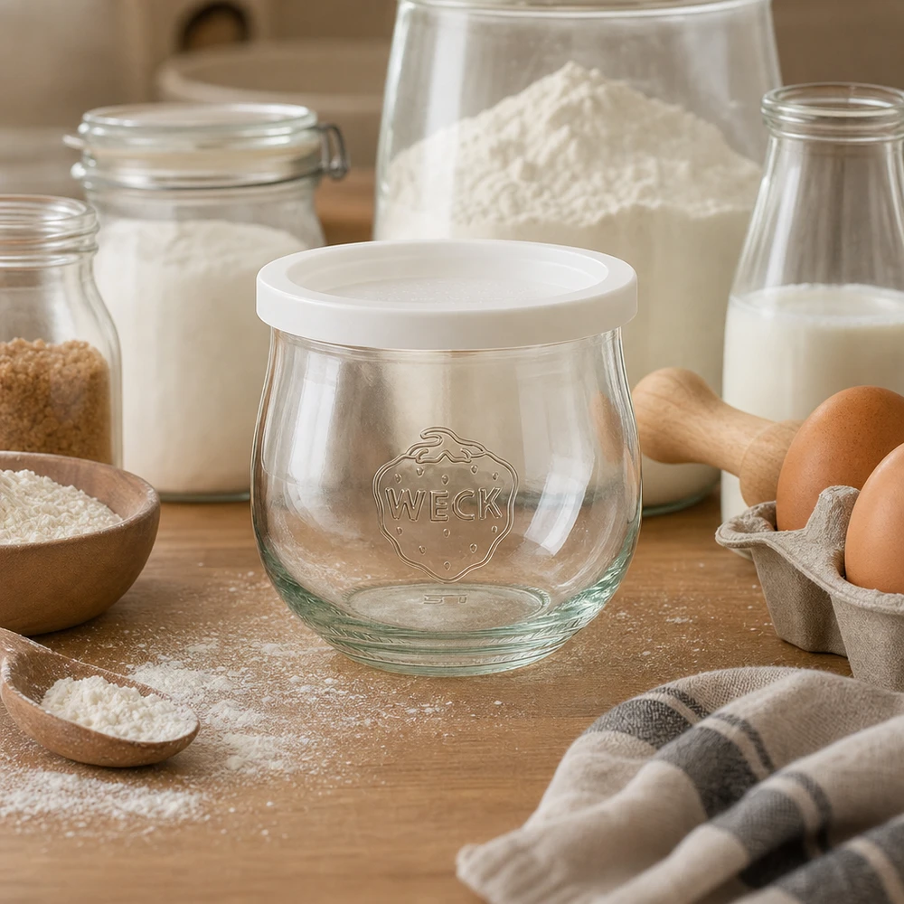 Tarro de cristal con forma de tulipán de 370 ml con tapa hermética WECK RR80 WECK tarro tulipán 370ml RR80 con tapa fresca en escena de repostería con harina, huevos y leche sobre encimera de madera