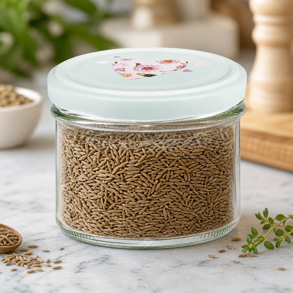 Tarro BasicSeal de menta con tapa de 225 ml relleno de semillas de alcaravea para un almacenamiento óptimo de especias y hierbas aromáticas
