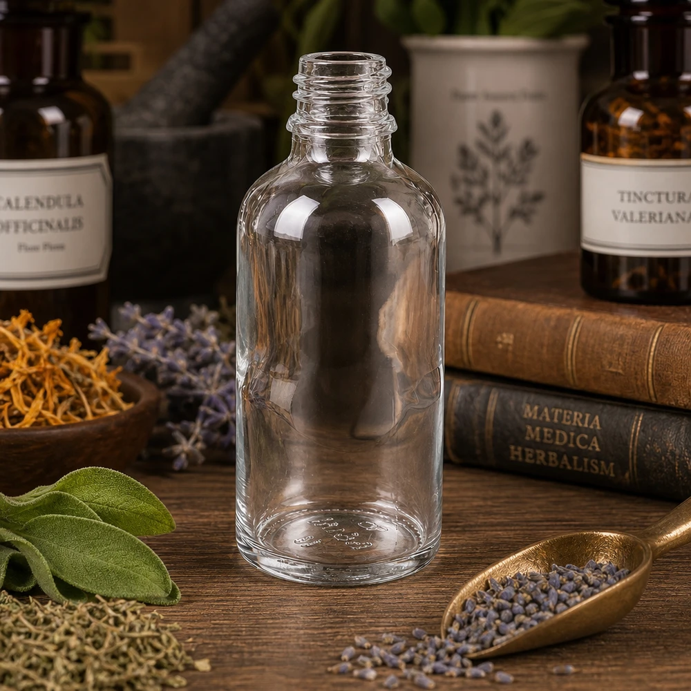 Frasco de vidrio transparente 50ml DIN 18 Frasco de farmacia ApoGlas de 50 ml con abertura ancha para facilitar el llenado y la limpieza