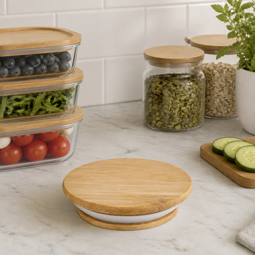 Tapa de madera (haya) sin impresión para WECK RR40 WECK tapa de madera RR40 roble versión A en cocina moderna con tarros de almacenamiento Aplicación Lifestyle almacenamiento práctico