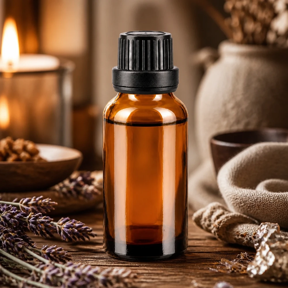 Pequeña botella de cristal marrón de 20 ml con tapón cuentagotas negro sobre una mesa de madera, junto a la lavanda y una vela