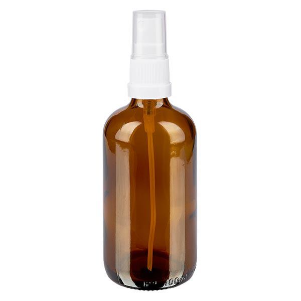 Botella de farmacia marrón 100ml tapón spray blanco Botella de farmacia marrón 100ml tapón spray blanco