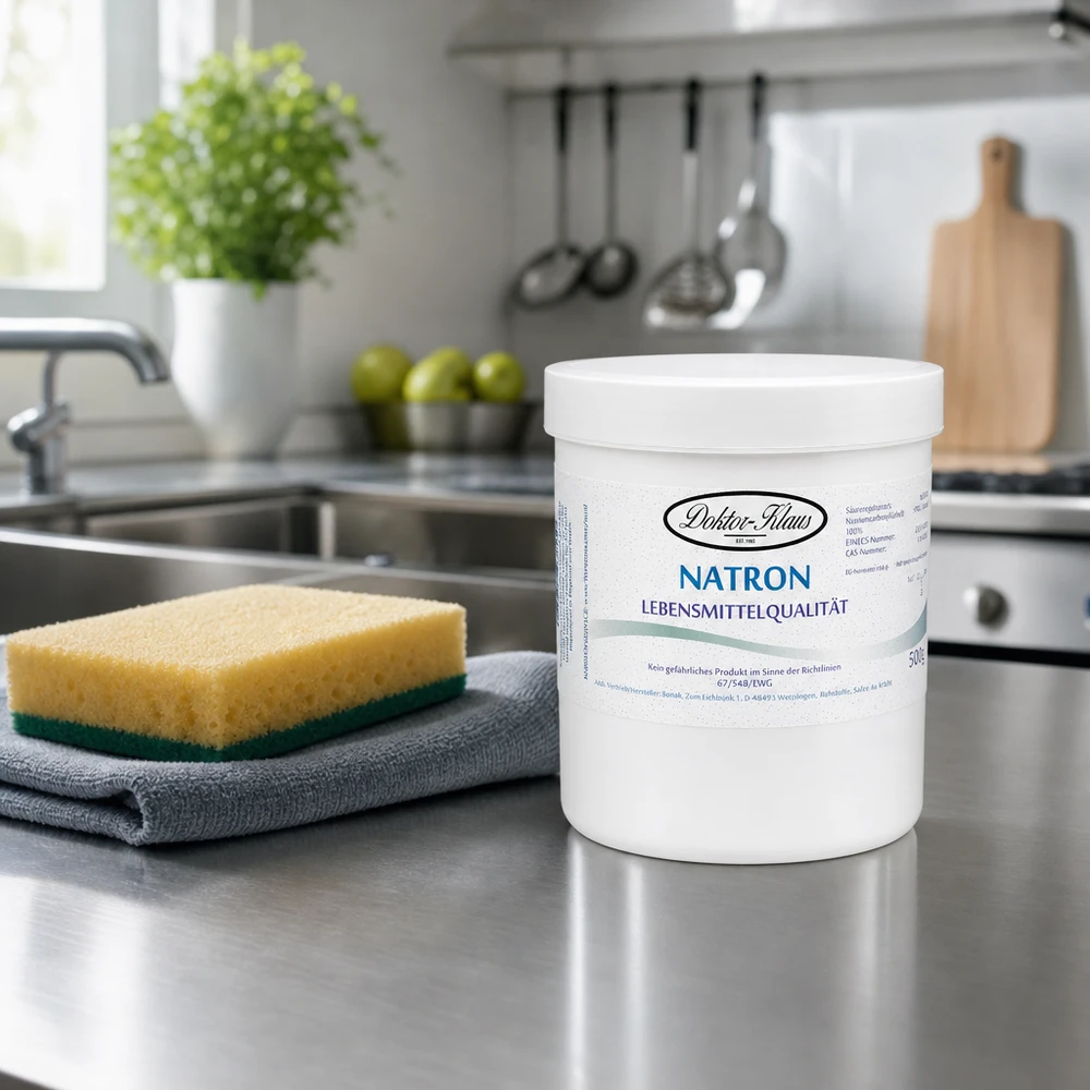 Bicarbonato sódico 500g Doktor Klaus Envase blanco de bicarbonato 500g Doctor Klaus sobre encimera de cocina junto a esponja y paño de cocina.