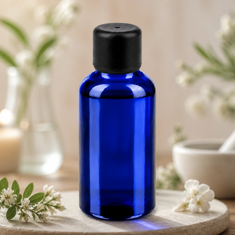 Botella compacta de vidrio BlueLine de 30 ml con tapón negro estándar para un almacenamiento seguro del producto