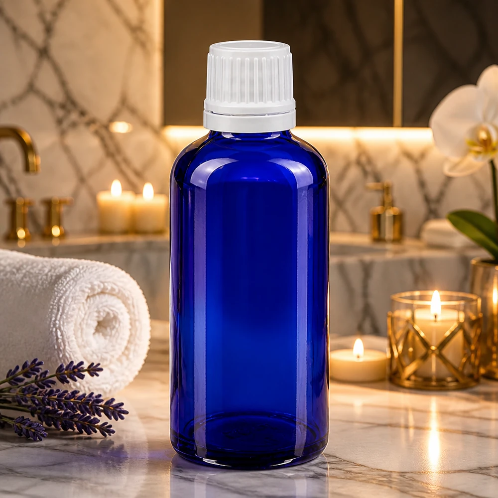 Botella de farmacia azul 50ml tapón rosca blanco cierre inviolable Frasco de cristal azul de 50 ml con tapón de seguridad para niños de color blanco en un lujoso cuarto de baño