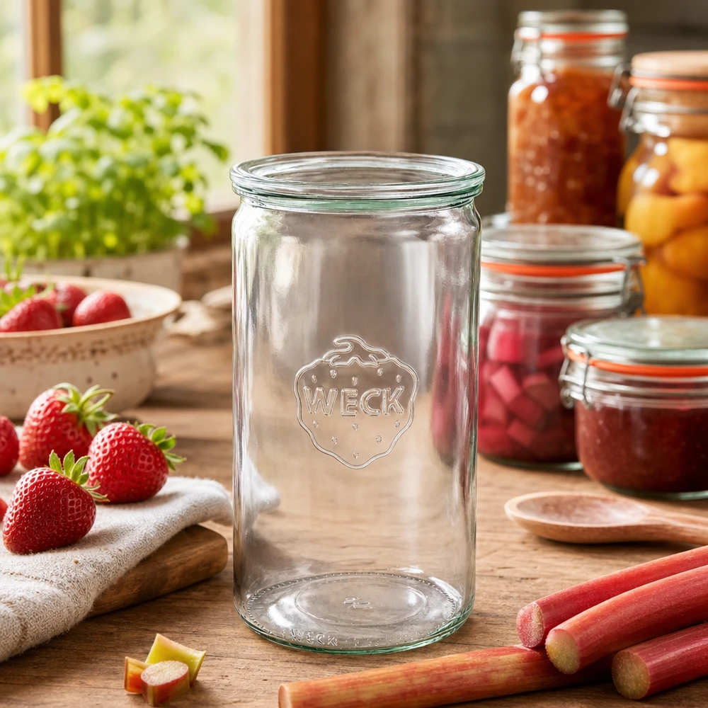 Tarro cilíndrico de 1590ml con tapa de cristal WECK RR100 WECK tarro de conserva 1590ml en cocina rústica con tarros de mermelada fresas ruibarbo accesorios de cocina tapa de cristal