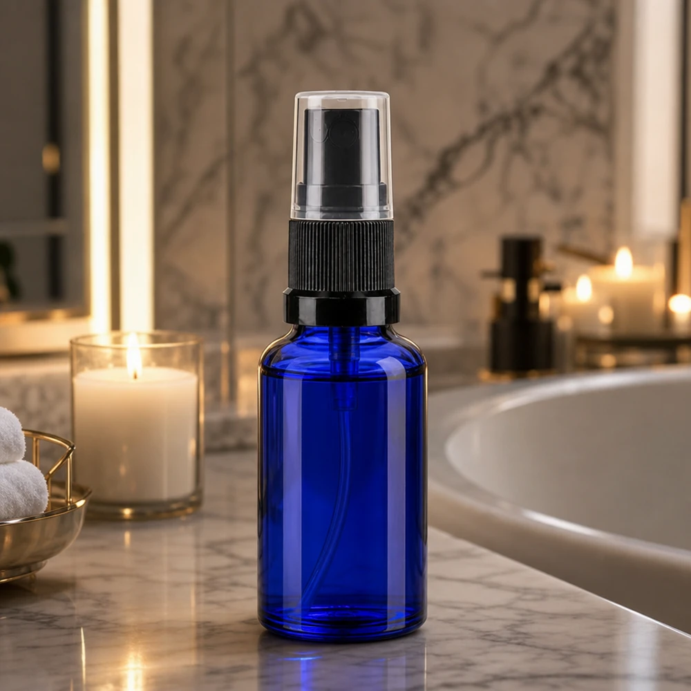 Frasco de cristal azul de 20 ml con pulverizador en un ambiente de baño de mármol