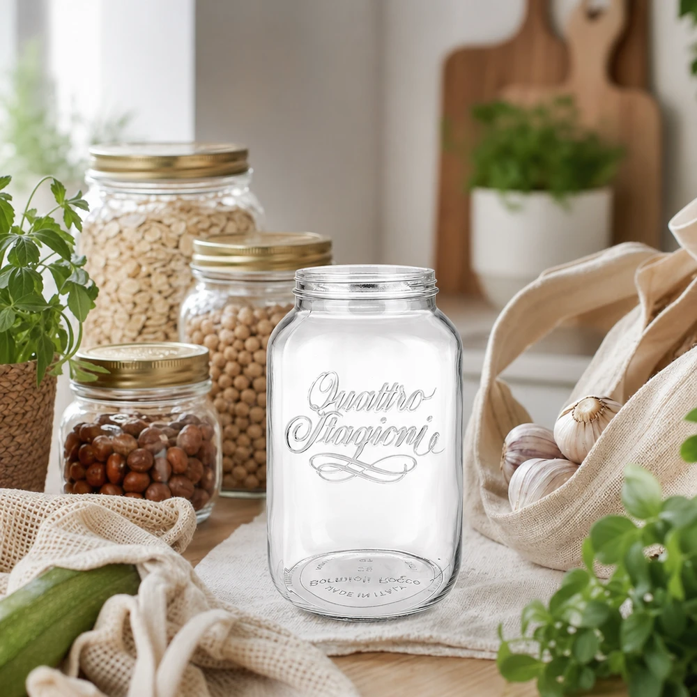 Tarro redondo de cristal "Quattro Stagioni" de 3800ml QS110mm Tarro doméstico Quattro Stagioni 3800ml para almacenar alimentos en una cocina rústica con tarros de almacenaje