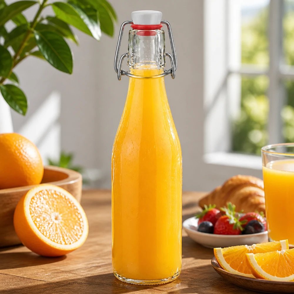 Botella de cristal de 250 ml con tapón oscilante llena de zumo de naranja, escena decorativa de cocina con naranjas frescas y bayas