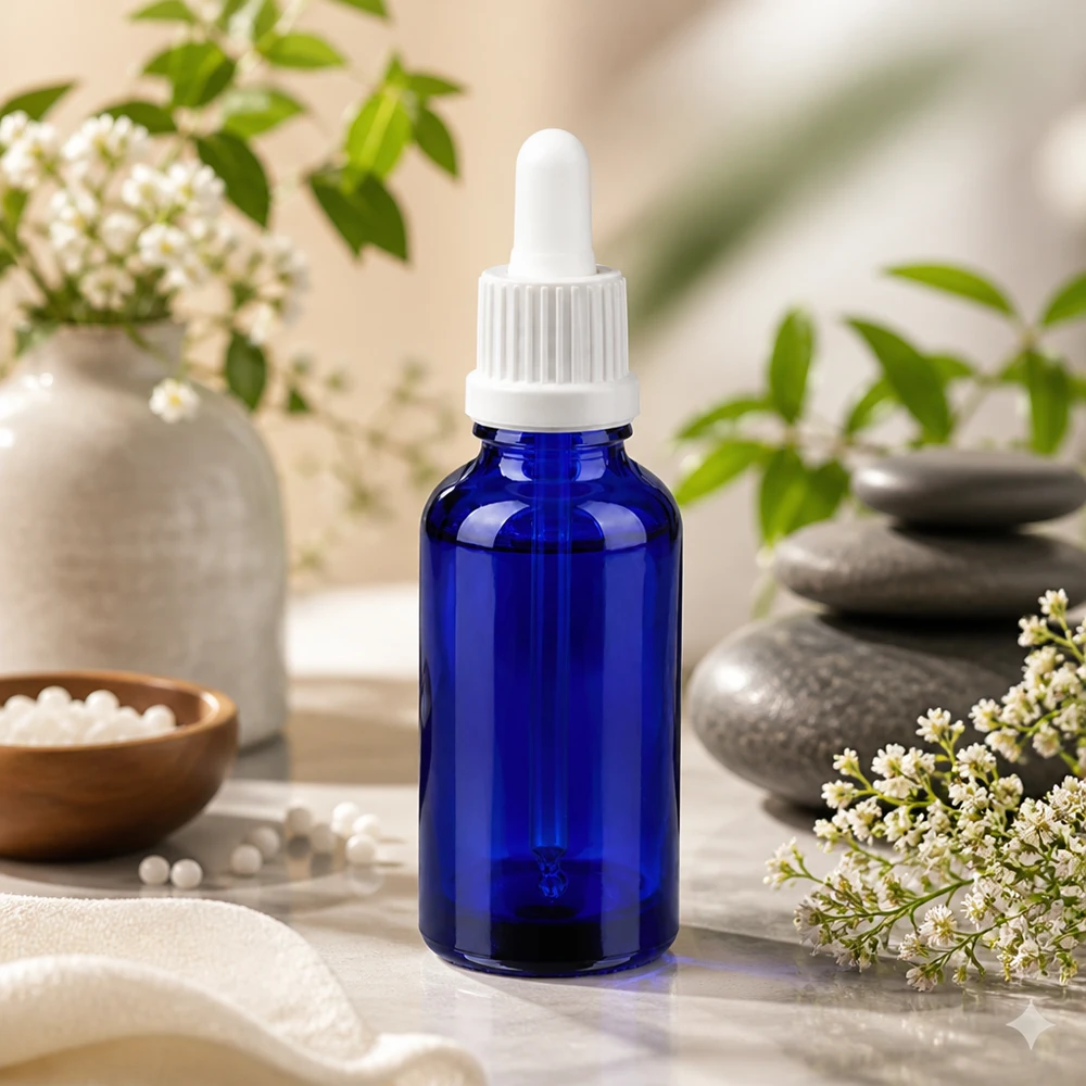Frasco pipeta BlueLine UT18 de 30 ml con tapón blanco para aplicaciones cosméticas y sueros