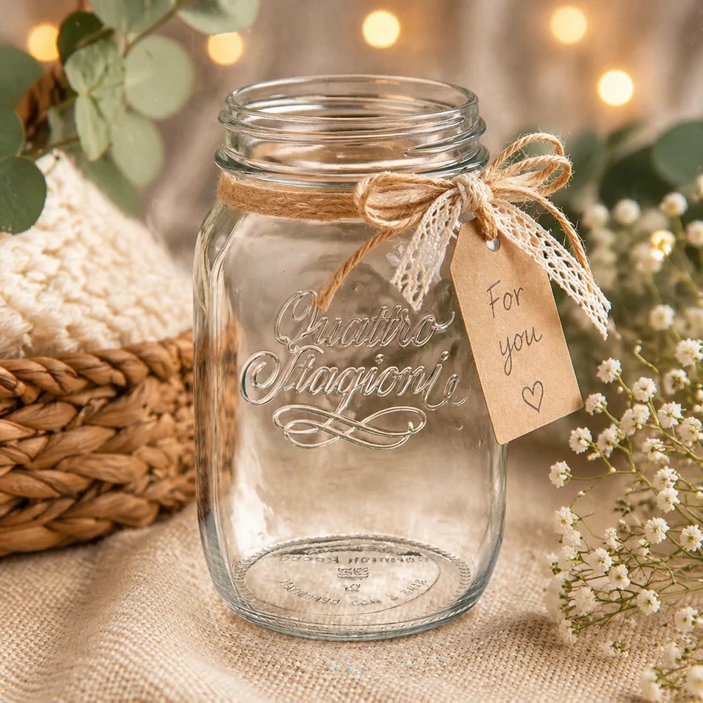 Tarro redondo 1000ml "Quattro Stagioni" QS86mm Vaso doméstico Quattro Stagioni de 1000 ml con decoración rústica y colgante For You sobre fondo natural