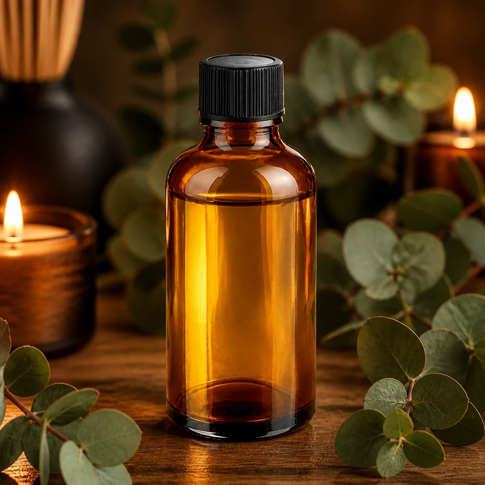 Frasco boticario 50ml marrón con tapón negro para aromaterapia y cosmética