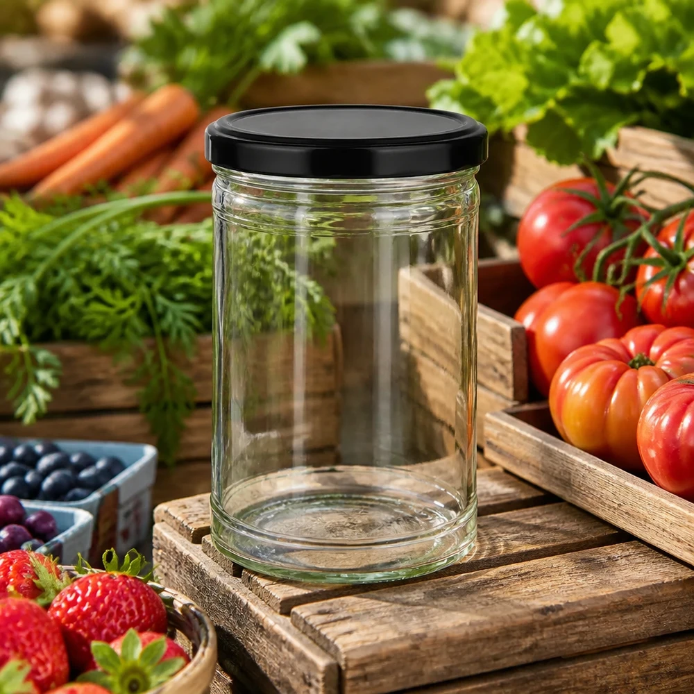 Vaso de 1053ml con tapa BasicSeal negra UNiTWIST Tarro vacío de 1053ml con tapa negra sobre tabla de madera rodeado de verduras frescas tomates zanahorias fresas