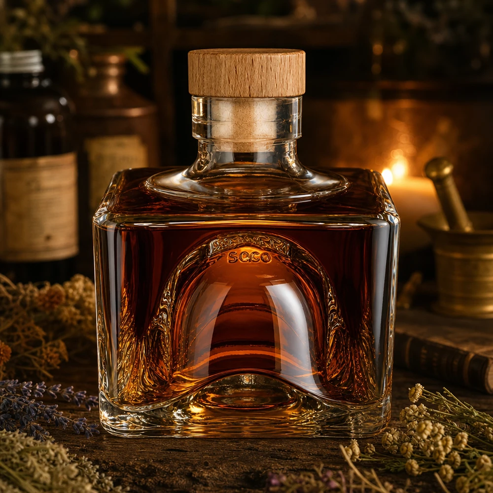 200ml Glasflasche Bob mit Whisky befüllt, Holzkorken-Verschluss, edle Spirituosenflasche in rustikalem Ambiente