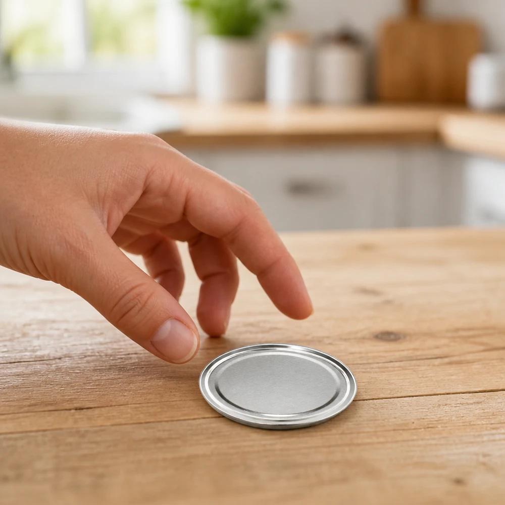 La tapa BasicSeal TO66 plateada de 66 mm descansa sobre una mesa de madera en una cocina moderna