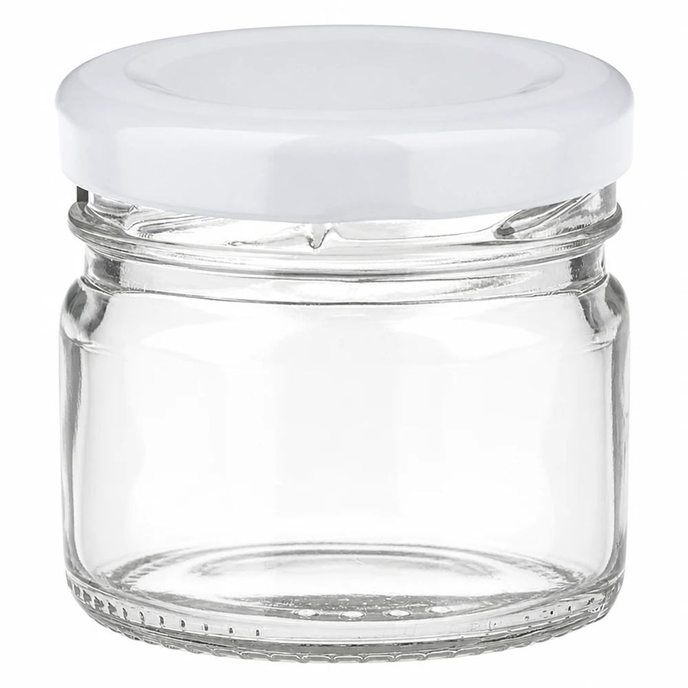 Frasco redondo de cristal de 33 ml + tapa BasicSeal blanca UNiTWIST Frasco redondo de cristal de 33 ml con tapa BasicSeal blanca de UNiTWIST, vacío y transparente