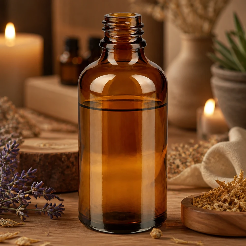 50ml frasco de farmacia ApoGlas marrón con aceites esenciales aromaterapia ambiente velas lavanda spa bienestar
