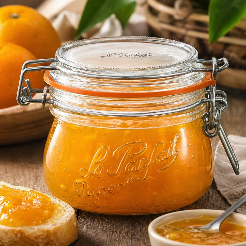 Tarro Le Parfait Super de 250 ml con tapa oscilante lleno de mermelada de naranja sobre una mesa de madera con naranjas frescas