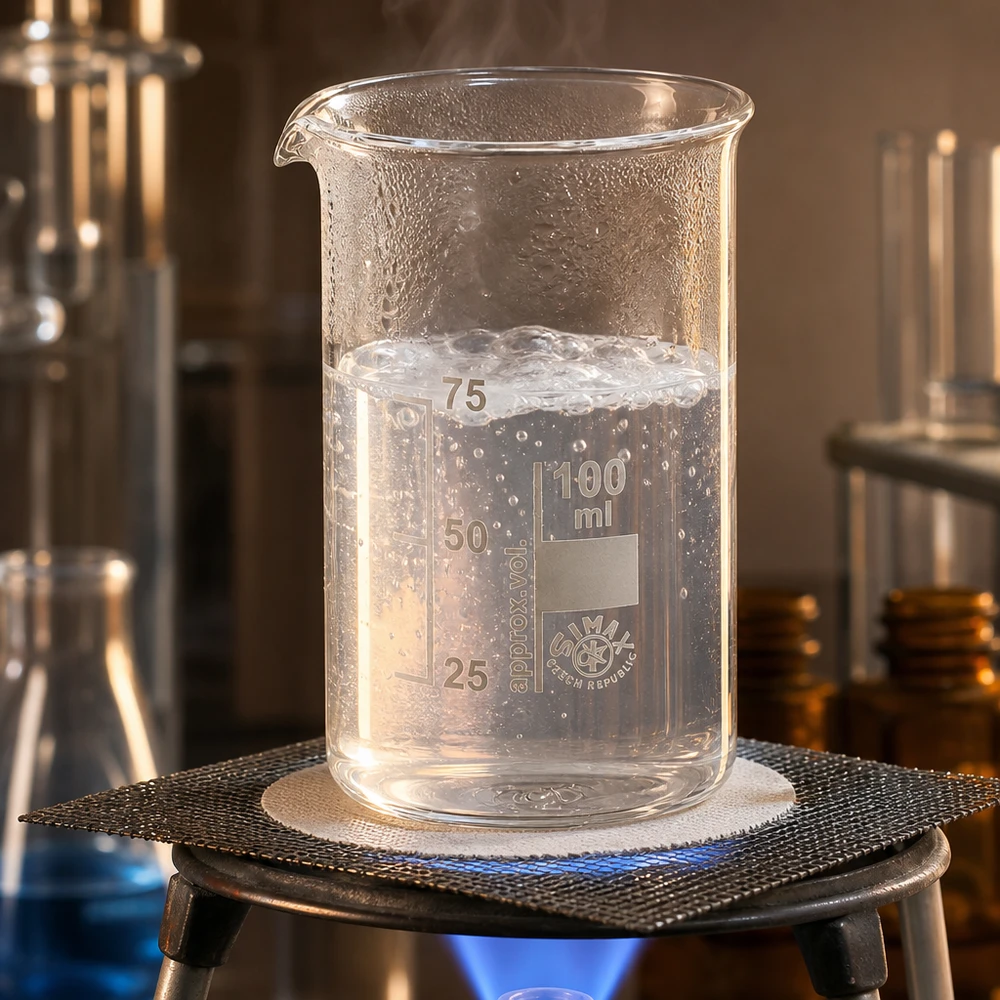 Agua hirviendo en un recipiente de vidrio borosilicato de 100 ml, de forma alta, sobre un quemador de gas con malla metálica