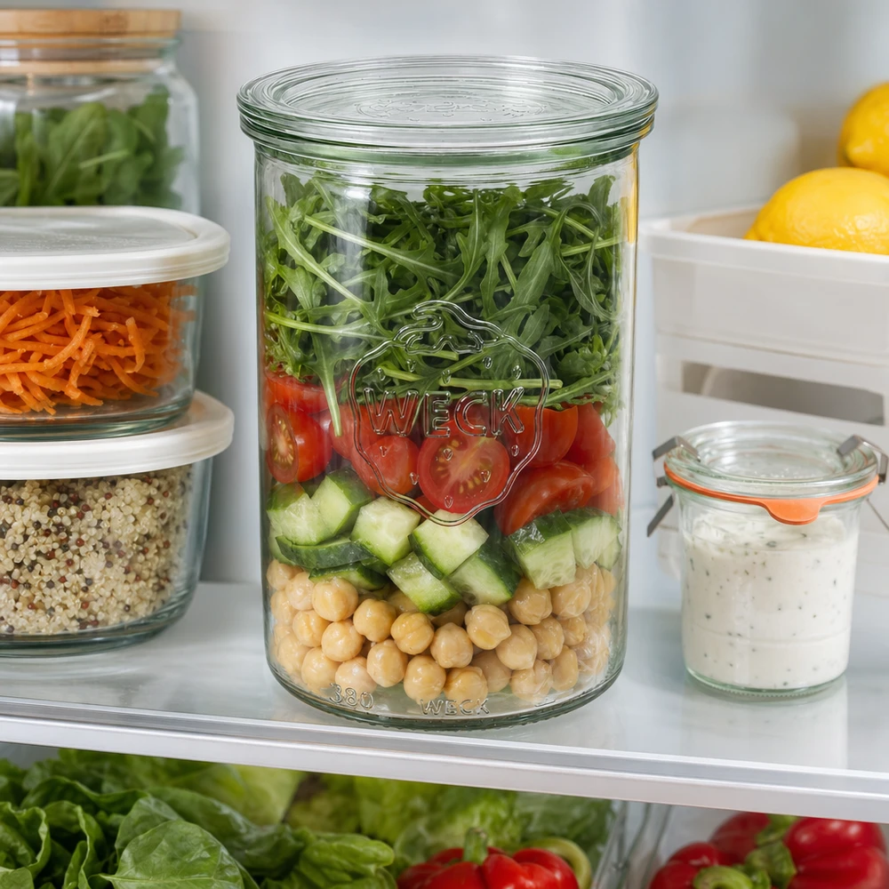 WECK 1000ml RR100 mason jar en la nevera con ensalada comida preparada junto con otros frascos de almacenamiento con garbanzos