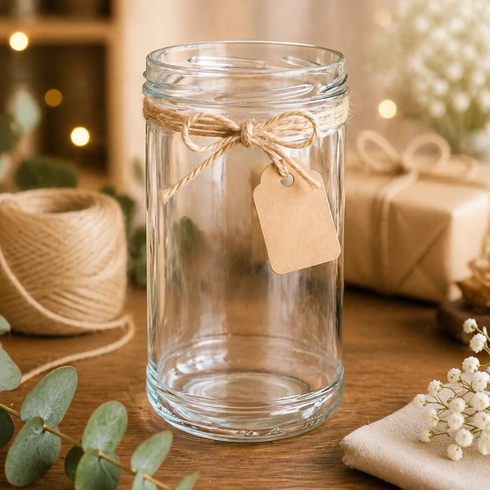 Vasos UNiTWIST 1053ml con decoración rústica cordón de yute y etiqueta de regalo dispuestos sobre una mesa de madera