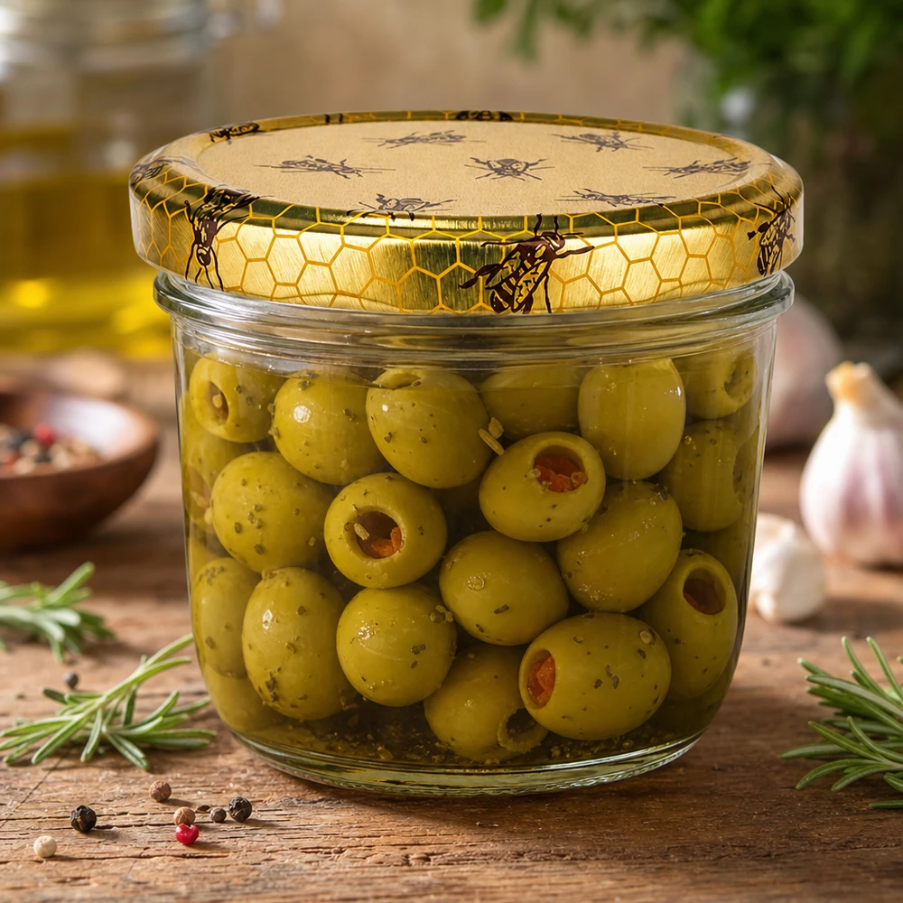 Tarro de cristal de 230 ml con tapa de panal relleno de aceitunas verdes como ejemplo de aplicación para la conservación