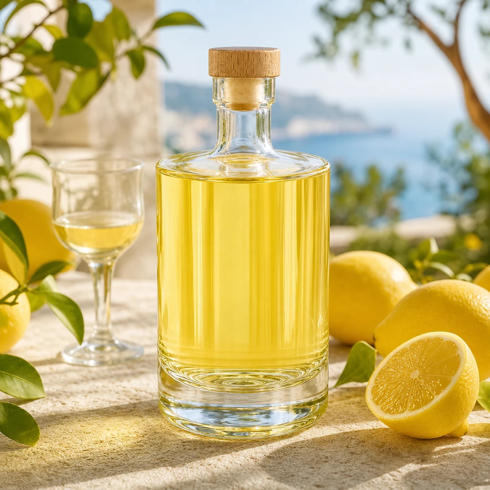 Botella de vidrio de 500 ml «500ml Glasflasche "Marie" mit Holzgriff-Korken UNiTWIST» con tapón de corcho con asa de madera UNiTWIST® Glasflasche Marie befüllt mit gelbem Likör neben Zitronen - stilvolle Präsentation für Limoncello und Spirituosen