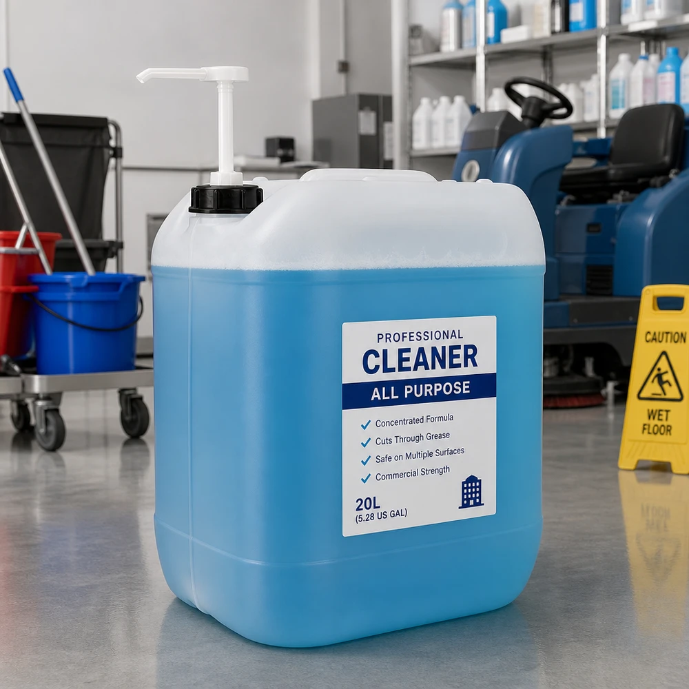 Bidón 20 litros con bomba dosificadora Bidón azul de detergente de 20 litros con bomba dosificadora en un entorno de limpieza profesional