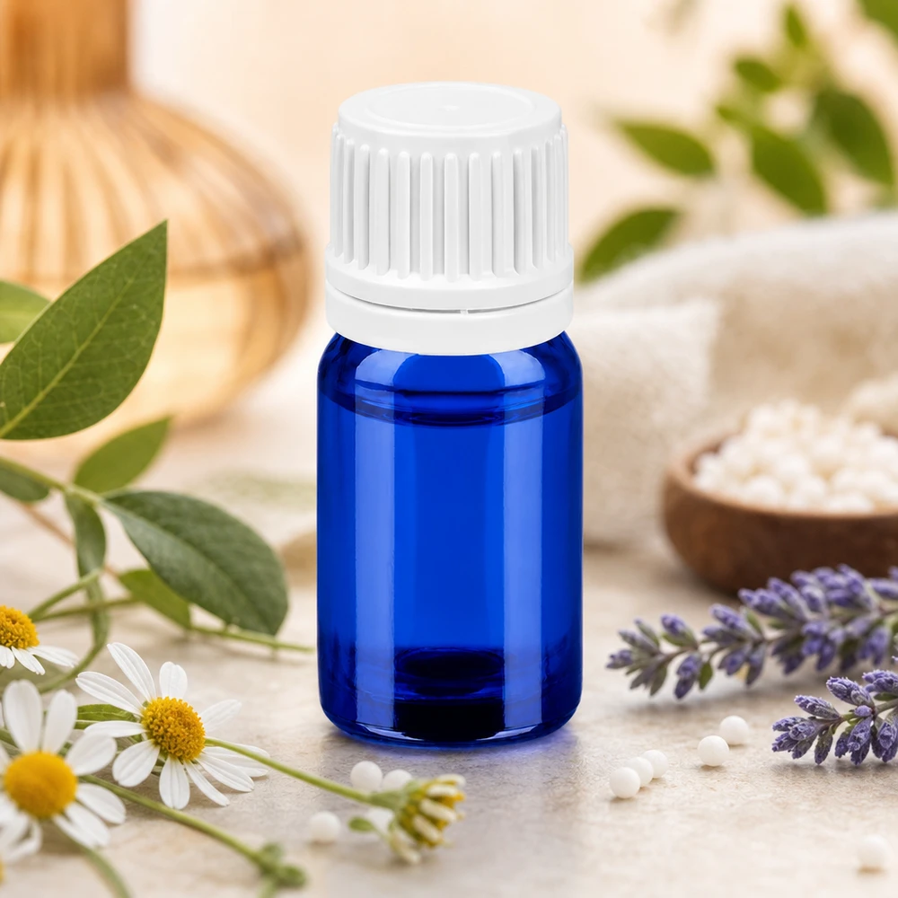 Frasco de vidrio de 5 ml de alta calidad en azul cobalto con tapón blanco a prueba de niños