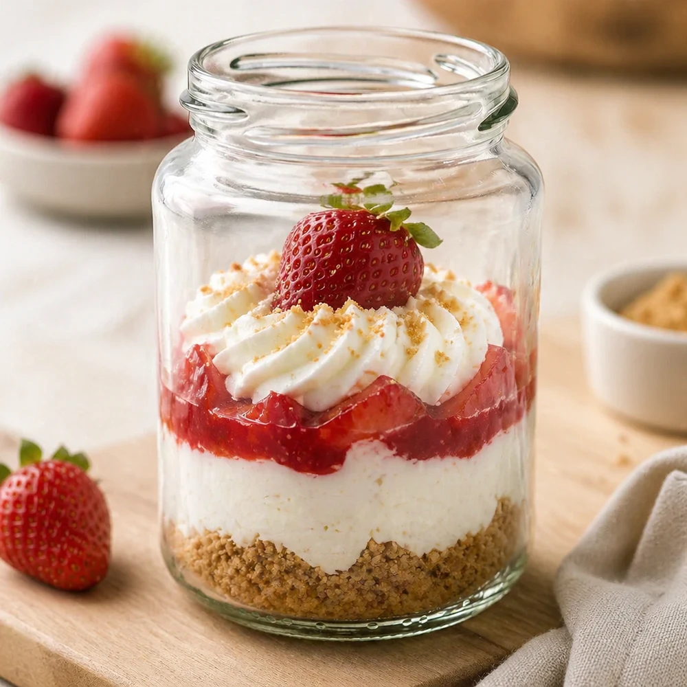 Tarro redondo de 382ml sin tapa (TO66) UNiTWIST UNiTWIST Runda382 vaso redondo 382ml TO66 con postre de fresa Postre en capas en un vaso relleno de nata y fruta