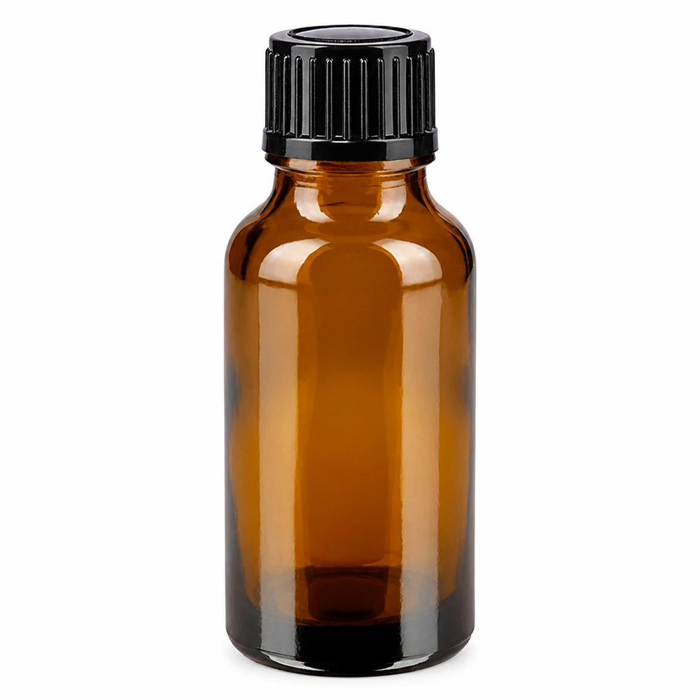 Frasco de cristal marrón de 20 ml con tapón de rosca negro para gotas, fabricado con cristal de farmacia
