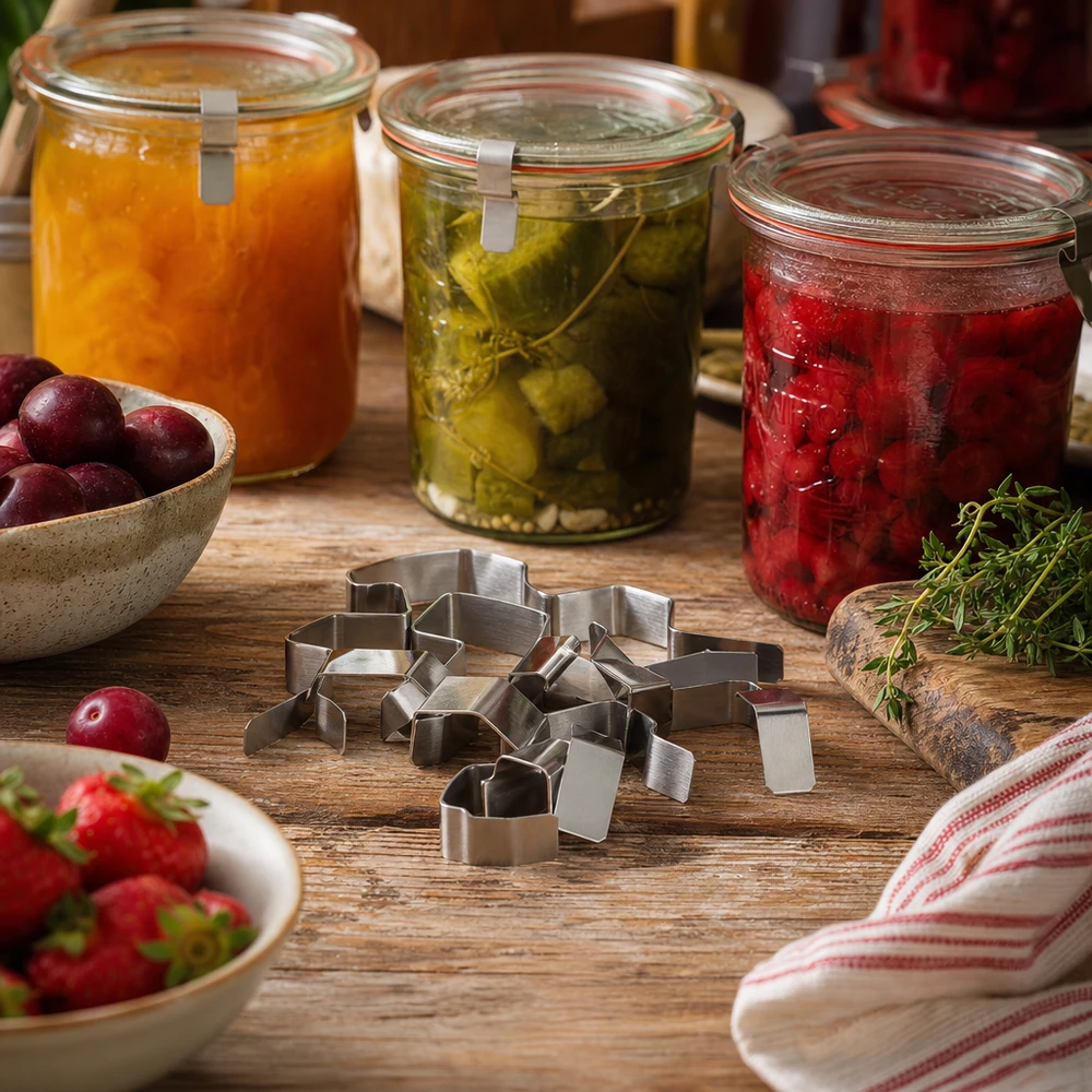 Pinzas para conservas de acero inoxidable en una escena de cocina con tarros de mermelada en conserva, verduras y fruta fresca