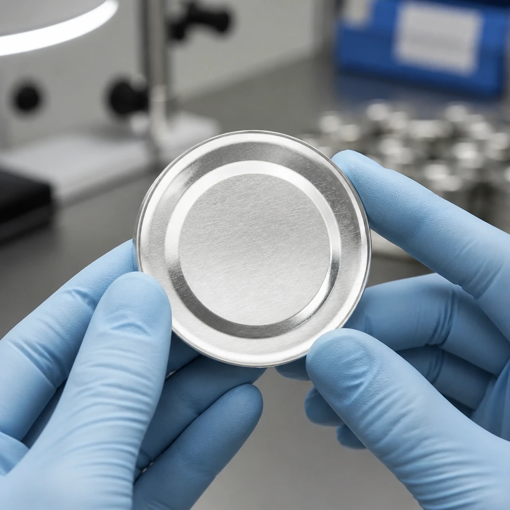 Inspección en laboratorio de una tapa TO43 BasicSeal de plata de 43 mm con guantes de protección