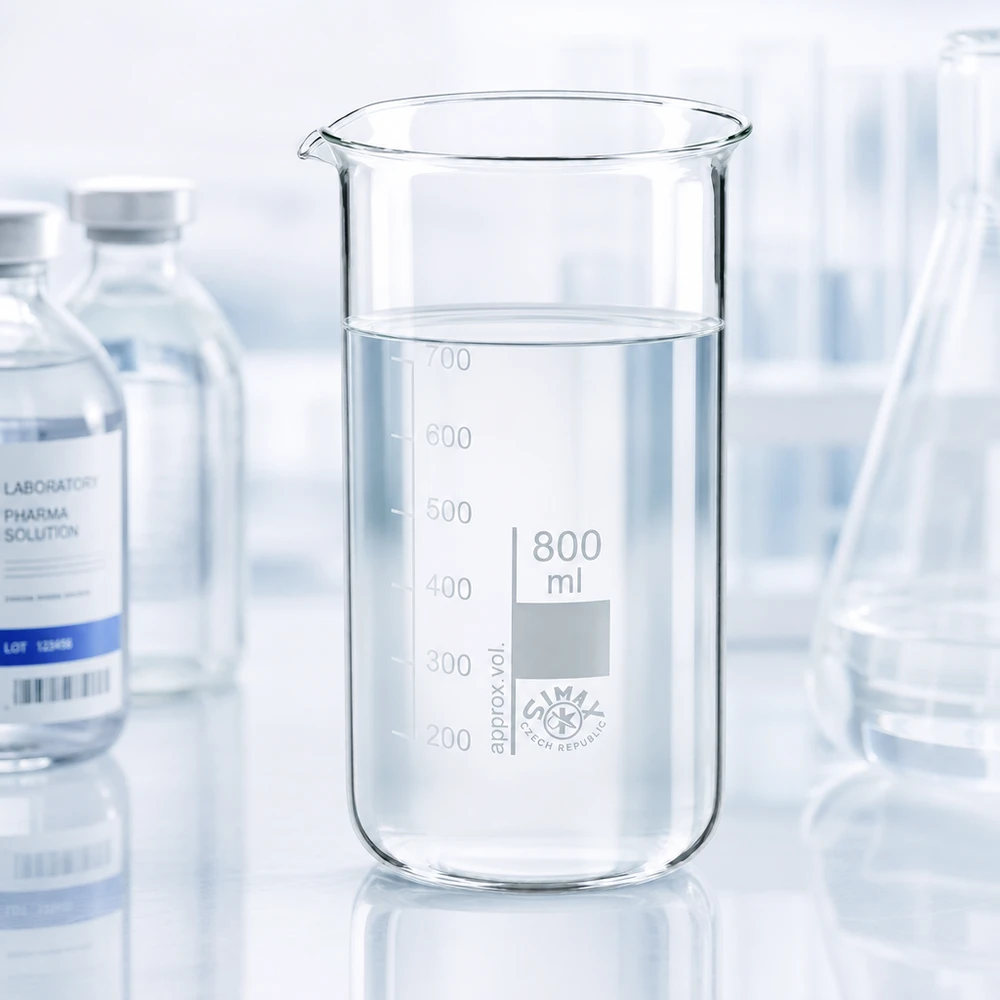 Vaso 800ml borosilicato, alto Vaso de precipitados de 800 ml, de forma alta, fabricado en vidrio borosilicato transparente y lleno de un líquido transparente hasta los 650 ml