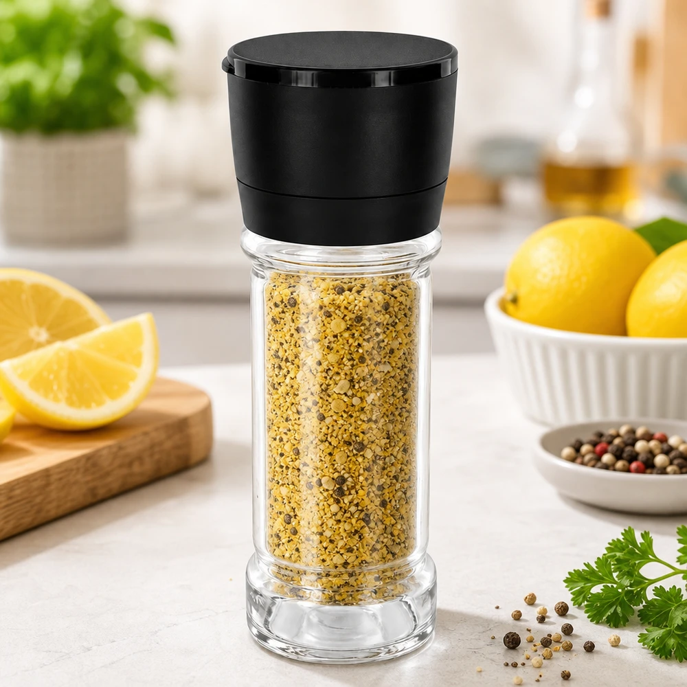 Frasco de especias de pimienta y limón de 100 ml con molinillo negro Vario y limones frescos
