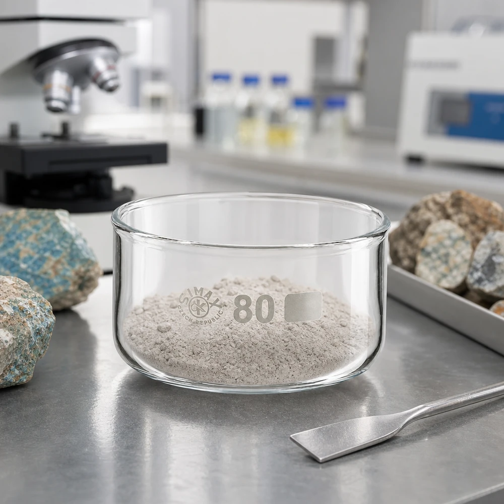 Cristalizador 150ml sin pico borosilicato ø80mm Polvo mineral de color blanco grisáceo en una cubeta de cristalización SIMAX de 150 ml, de vidrio borosilicato, para laboratorio, de 80 mm de diámetro