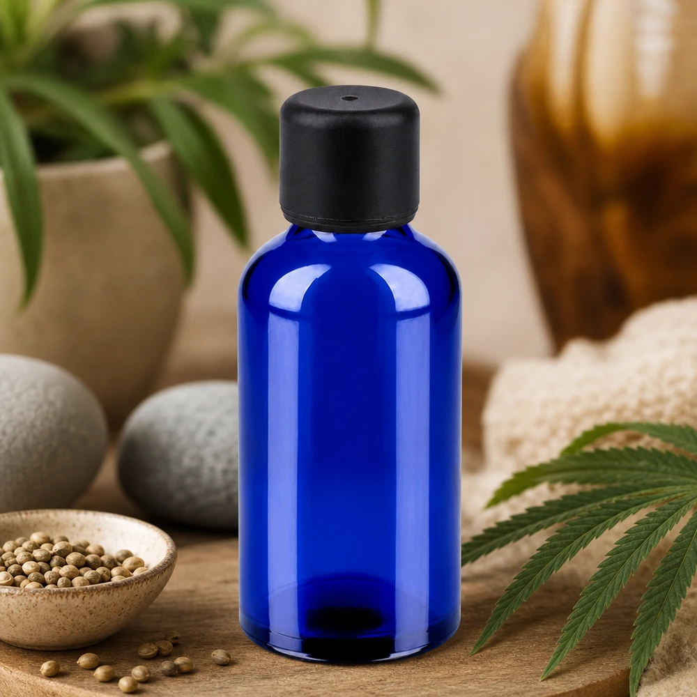 Botella de cristal BlueLine de 50 ml con rosca STD y tapón negro para aplicaciones profesionales