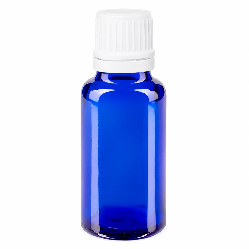 Botella de farmacia azul 20ml tapón rosca blanco cierre inviolable Frasco de farmacia de cristal azul de 20 ml con tapón de rosca blanco de 11 mm para uso farmacéutico y cosmético