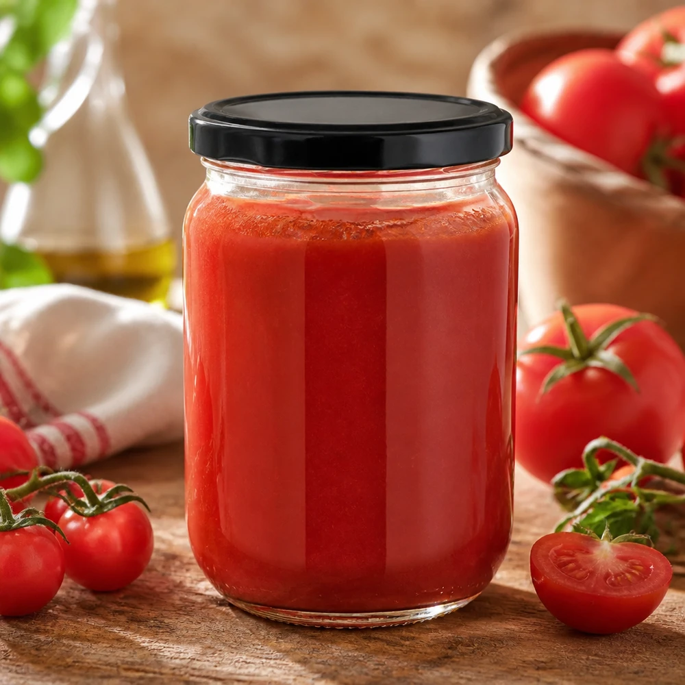 Frasco redondo UniTwist de 555 ml con tapa BasicSeal negra, lleno de salsa de tomate casera