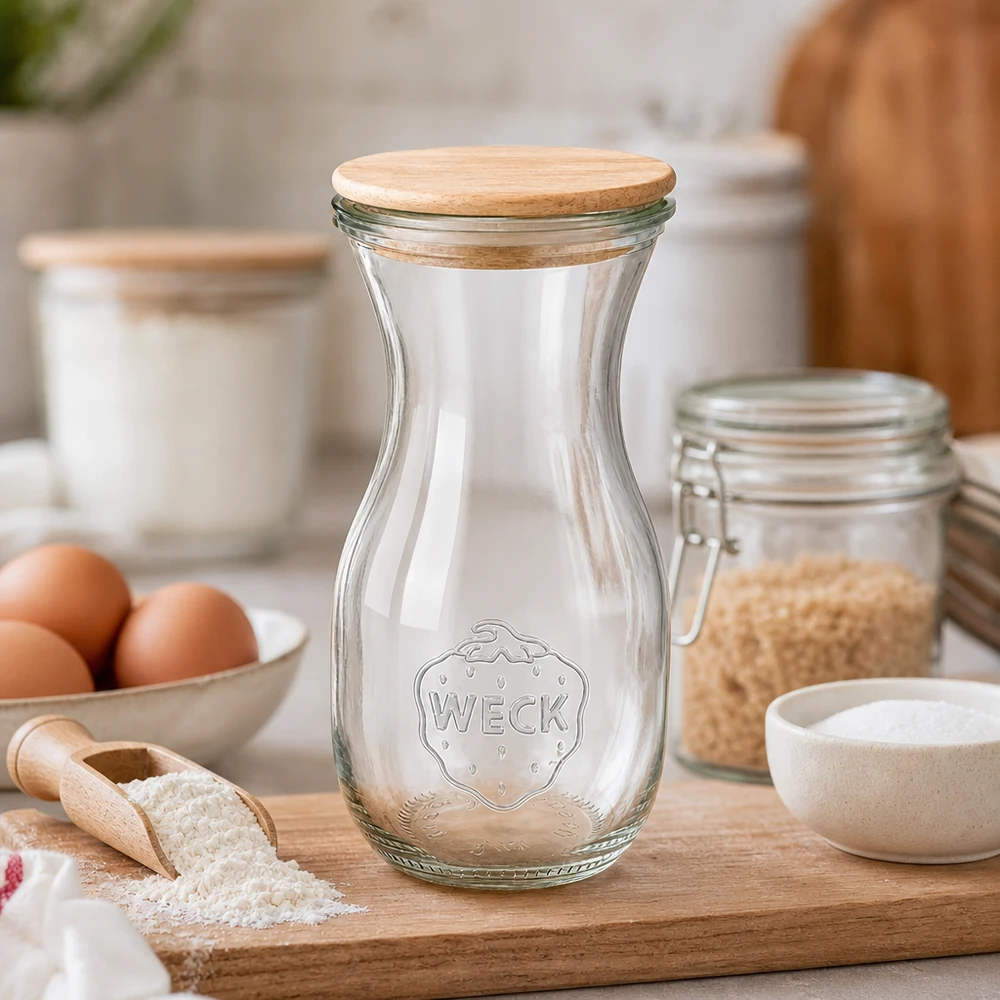 Botella de zumo WECK 290ml con tapa de madera sobre tabla de cocina entre ingredientes de repostería, harina, huevos y tarros de almacenaje