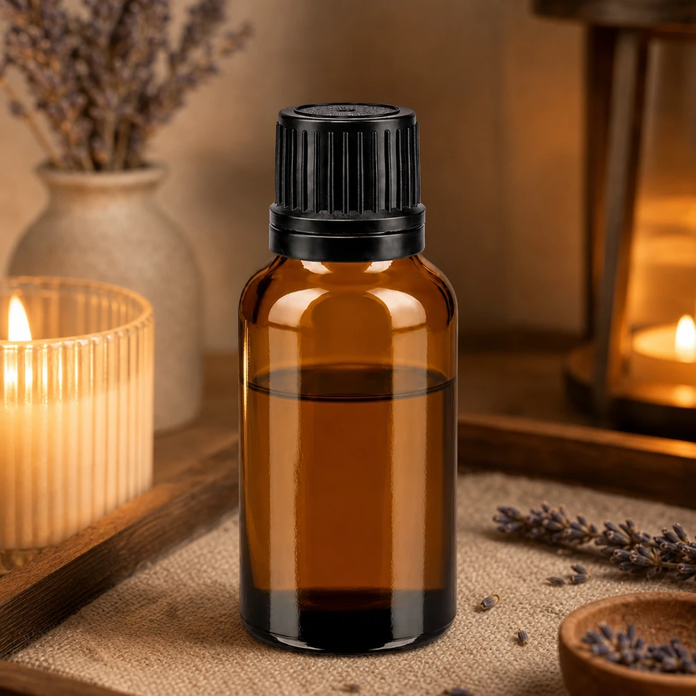 Botella de farmacia marrón 20ml tapón de rosca negro anillo de vertido cierre inviolable Frasco de cristal de 20 ml de color ámbar con tapón original negro para aceite de lavanda y esencias