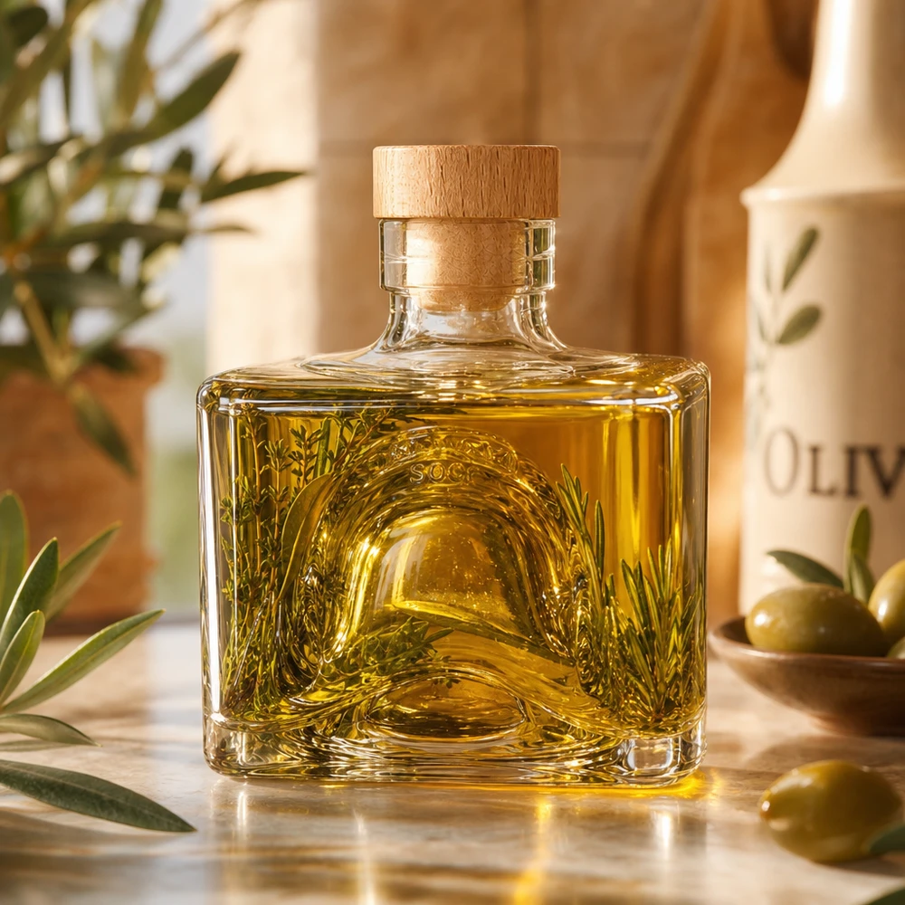 200ml Glasflasche Bob mit Olivenöl befüllt, Holzkorken UNiTWIST, mediterrane Küchendeko mit Oliven und Olivenzweigen