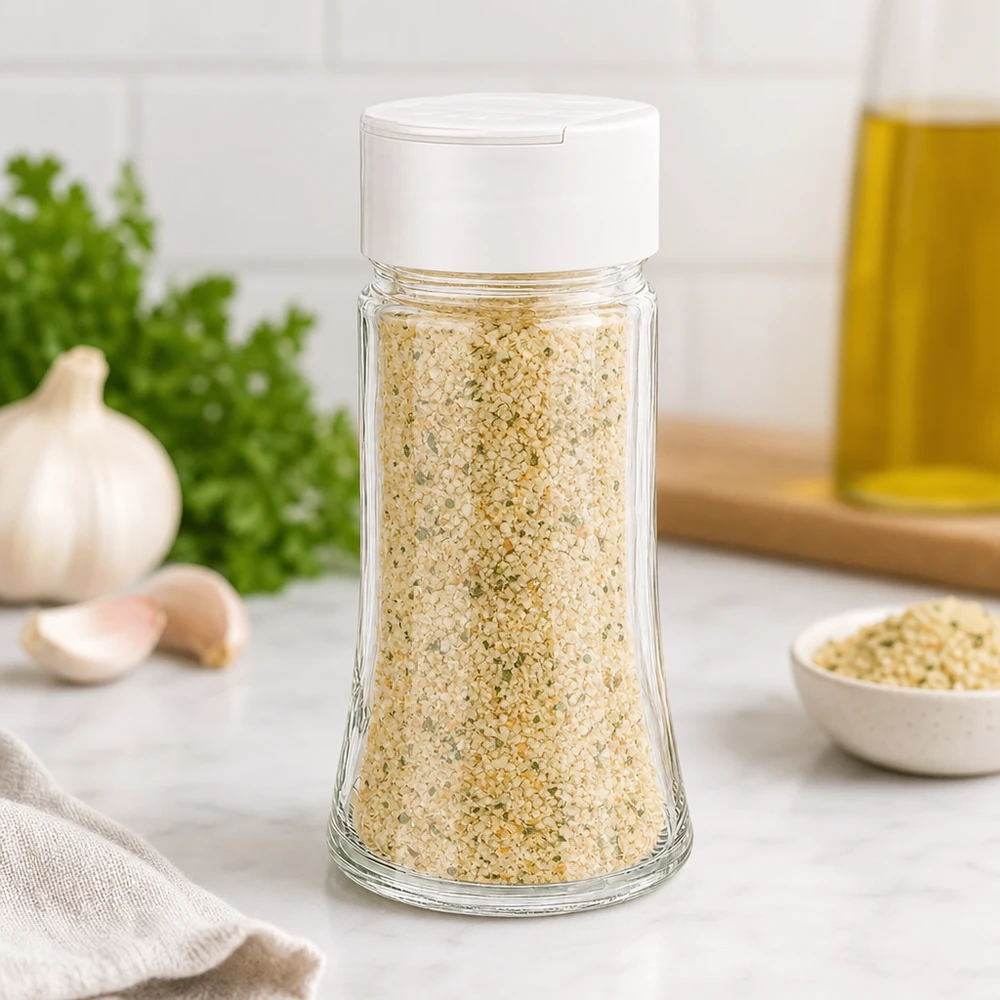 Frasco para especias de 95 ml lleno de sal de ajo, con tapa blanca de doble dosificador junto a perejil fresco