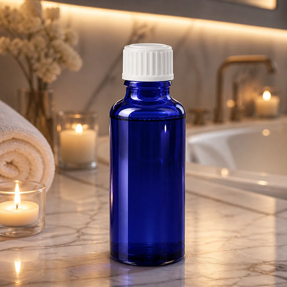 Botella de farmacia azul 30ml tapón rosca blanco estándar Frasco de farmacia de 30 ml, azul cobalto, con tapón estándar blanco, sobre una base de mármol en el cuarto de baño