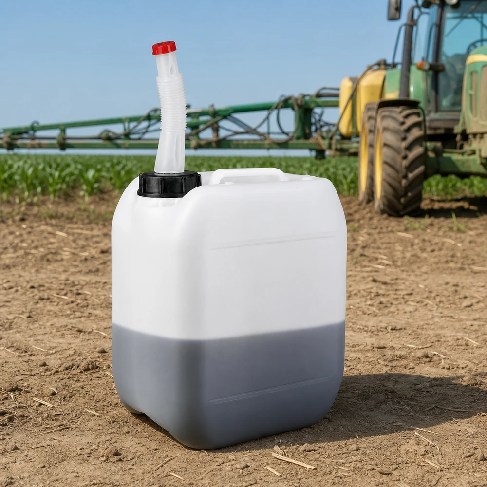 Bidón de 5 litros con tubo de salida flexible Bidón agrícola de 5 litros con tubo de salida flexible junto a un tractor John Deere con pulverizador agrícola
