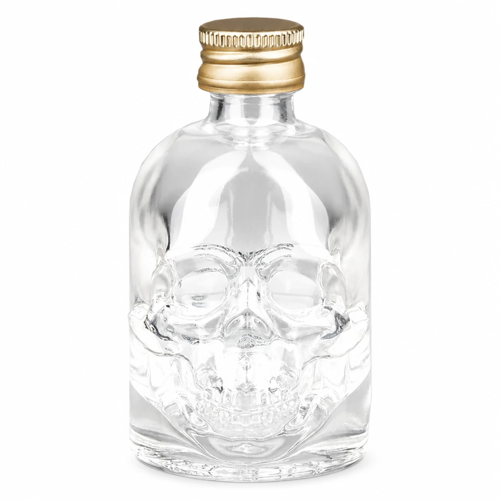 Botella de vidrio de 50 ml «Hector» y tapón de rosca dorado UNiTWIST® Botella de cristal Hector de 50 ml con diseño de calavera y tapón de rosca dorado UNiTWIST para licores y bebidas