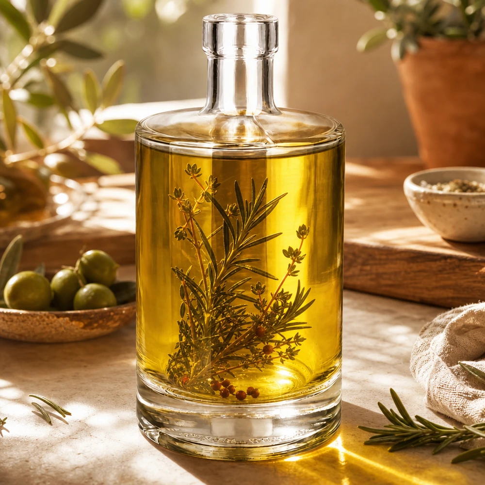 Botella de vidrio de 500 ml «Marie» sin tapón UNiTWIST® Botella de cristal de 500 ml Marie llena de aceite de hierbas y ramitas de romero como ejemplo de uso en la cocina y para decoración